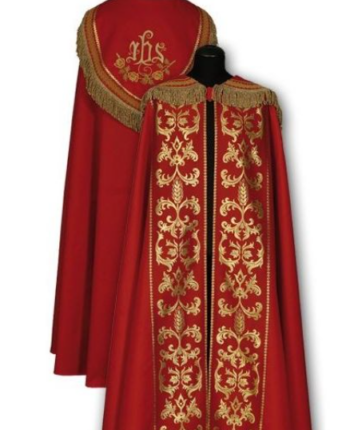 Kapa liturgiczna czerwona IHS z Haftowanym Kapturem