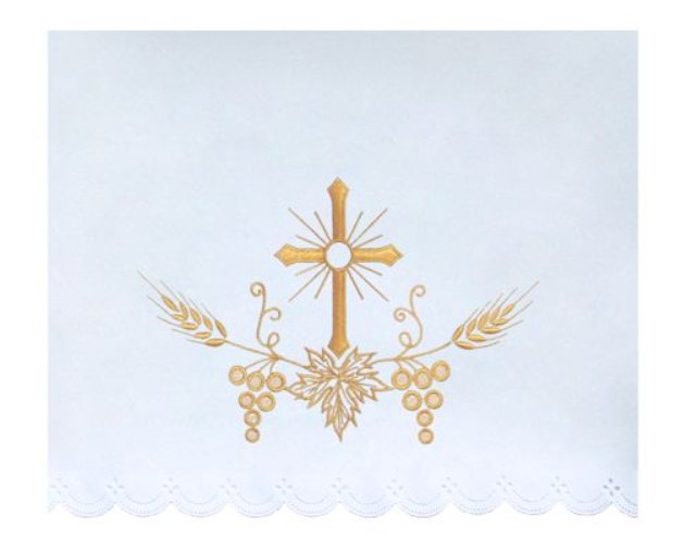 Obrus Ołtarzowy na Komunię Świętą z Haftem Krzyża, Kłosów i Winogron Obrus Ołtarzowy na Komunię Świętą z Haftem Krzyża, Kłosów i Winogron