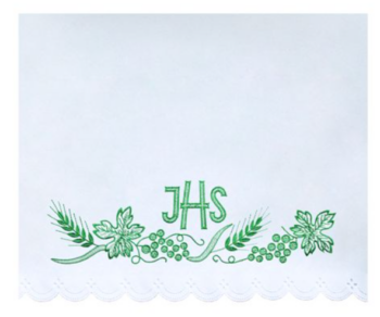 Obrus do Kościoła z Zielonym Haftem IHS, Winogron i Kłosów Pszenicy