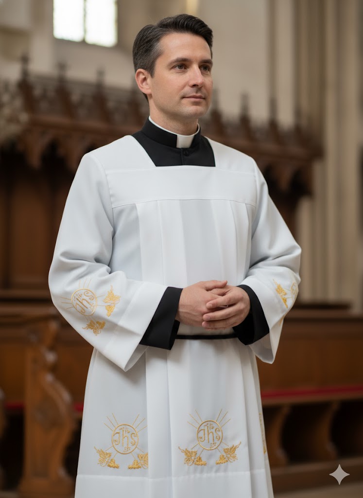 Komża Kapłańska z Złotym Motywem Eucharystycznym IHS Komża Kapłańska z Złotym Motywem Eucharystycznym IHS