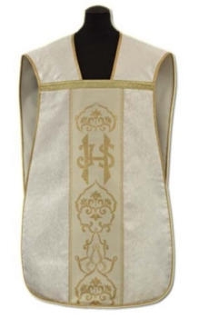 Biały Ornat Rzymski z IHS z Adamaszku i Kremowym Pasem Środkowym