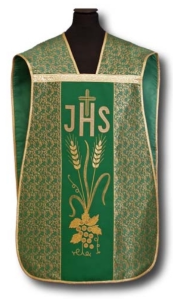 Zielony Ornat Rzymski haftowany – Adamaszek z motywem IHS