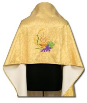 Złoty Welon Liturgiczny IHS z Motywem Eucharystycznym – Kłosy, Winogrona, Kielich