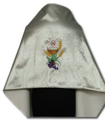 Srebrny Welon Liturgiczny Naramienny z Brokatowej Tkaniny z Motywem Eucharystycznym
