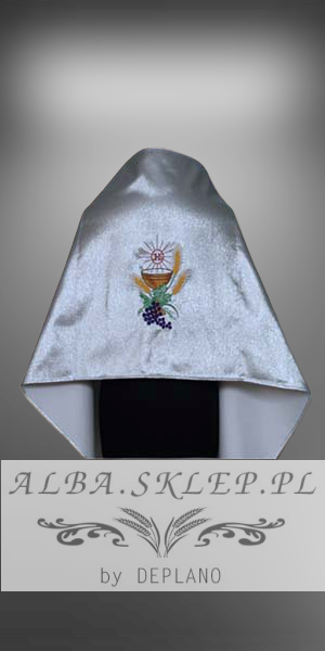 Srebrny Welon Liturgiczny Naramienny z Brokatowej Tkaniny z Motywem Eucharystycznym Srebrny Welon Liturgiczny Naramienny z Brokatowej Tkaniny z Motywem Eucharystycznym