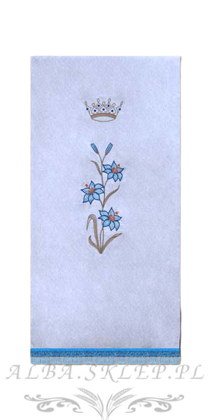 Białe Nakrycie Na Ambonę Lektorium Maryjne z Niebieskim Haftem Białe Nakrycie Na Ambonę Lektorium Maryjne z Niebieskim Haftem