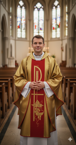 Ornat Złoty z Czerwonym Pasem i Symbolem P i Krzyża