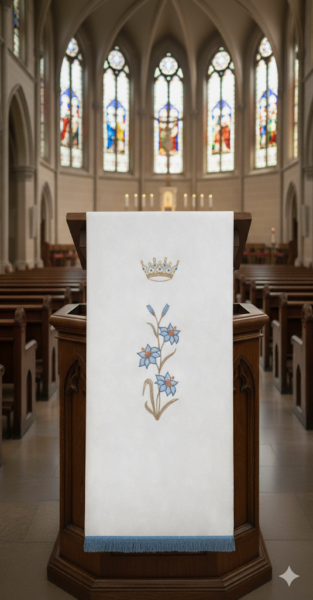 Białe Nakrycie Na Ambonę Lektorium Maryjne z Niebieskim Haftem