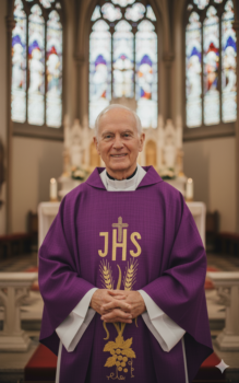 Ornat lniany haftowany fioletowy IHS