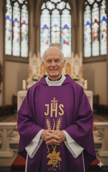 Ornat lniany haftowany fioletowy IHS