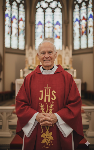 Czerwony ornat lniany haftowany – kolory liturgiczne z krzyżem