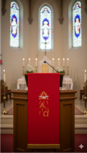 Nakrycie na Ambonę Lektorium Czerwone z Haftem Alfa Omega