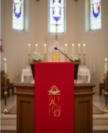 Nakrycie na Ambonę Lektorium Czerwone z Haftem Alfa Omega