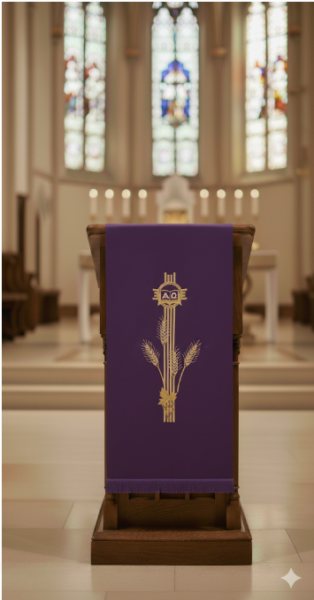 Fioletowe Nakrycie na Ambonę Lektorium Alfa Omega na Adwent i Wielki Post