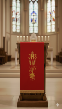 Czerwone Nakrycie na Ambonę Lektorium z Haftem JHS