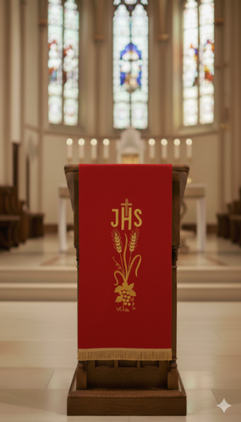 Czerwone Nakrycie na Ambonę Lektorium z Haftem JHS