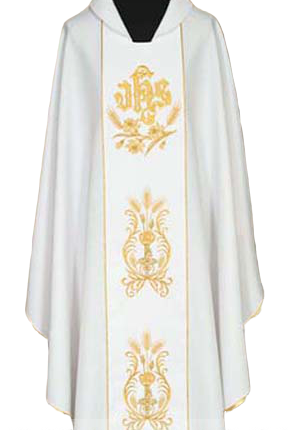 Ornat haftowany biały IHS Kłos