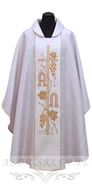 Ornat haftowany biały krzyż Alfa Omega