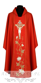ornat haftowany czerwony Pan Jezus na Krzyżu