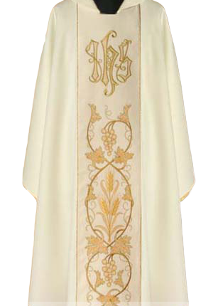 Ornat haftowany ecru IHS winogron