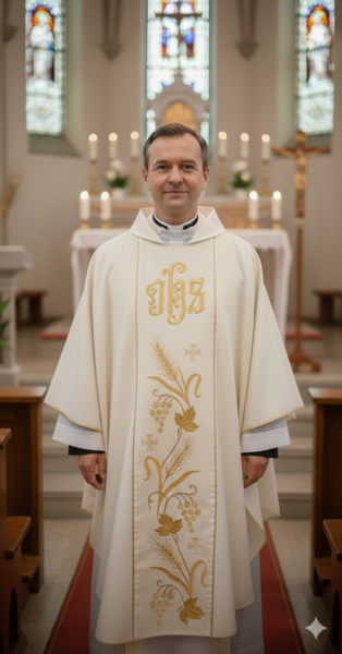 Ornat haftowany ecru IHS Kłos