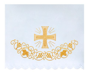 Elegancki Obrus Ołtarzowy ze Złotym Haftem Krzyża i Symbolami Eucharystycznymi