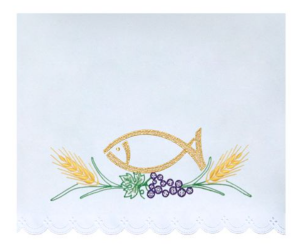Obrus Ołtarzowy z Haftem Symboli Eucharystycznych Ryb i Winogron