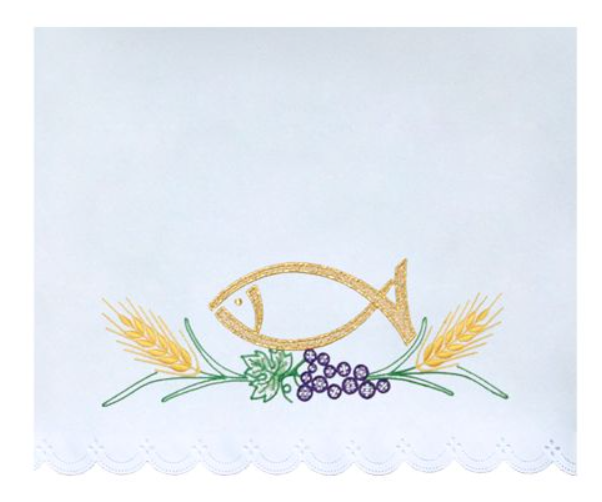 Obrus Ołtarzowy z Haftem Symboli Eucharystycznych Ryb i Winogron Obrus Ołtarzowy z Haftem Symboli Eucharystycznych Ryb i Winogron