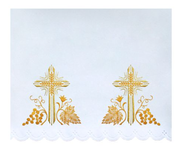 Obrus Ołtarzowy z Haftowanymi Krzyżami i Symbolami Eucharystycznymi