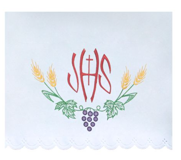 Obrus Ołtarzowy z Czerwonym Haftem IHS Winogronami i Kłosami