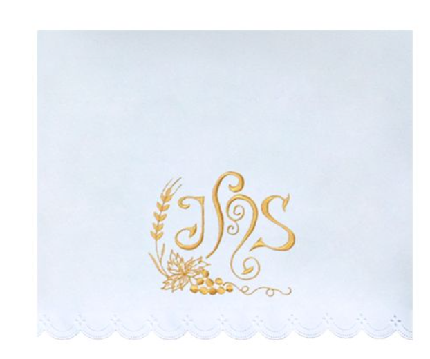 Obrus Ołtarzowy Haftowany z Motywem IHS, Kłosów i Winogron Obrus Ołtarzowy Haftowany z Motywem IHS, Kłosów i Winogron