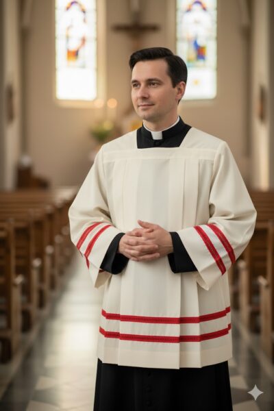 Komża kapłańska lniana z czerwoną mereżką