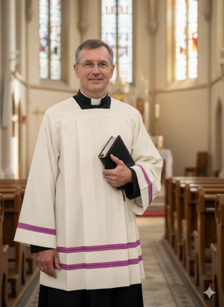 Komża kapłańska lniana z fioletową mereżką