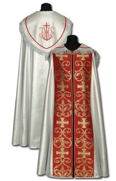 Kapa liturgiczna srebrna z czerwonymi pasami i IHS Kapa liturgiczna srebrna z czerwonymi pasami i IHS
