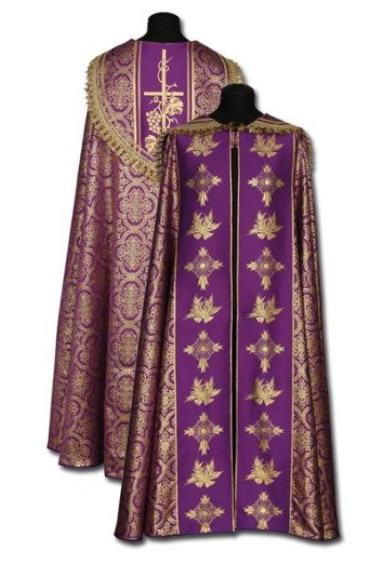 Fioletowa Kapa liturgiczna z bogatymi złotymi zdobieniami Fioletowa Kapa liturgiczna z bogatymi złotymi zdobieniami