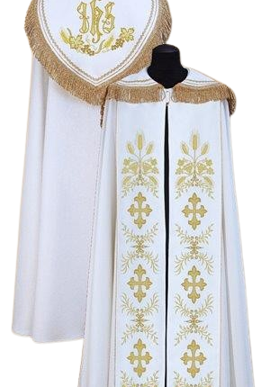 Biała kapa liturgiczna z haftem IHS