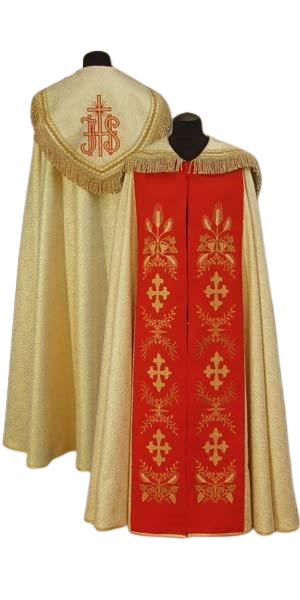 Złota Kapa Liturgiczna z Haftem IHS Czerwone Pasy