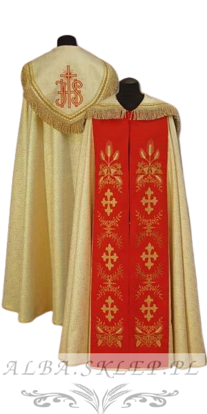 Złota Kapa Liturgiczna z Haftem IHS Czerwone Pasy Złota Kapa Liturgiczna z Haftem IHS Czerwone Pasy