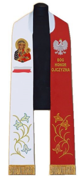 Stuła patriotyczna biało-czerwona z wizerunkiem Matki Bożej Częstochowskiej i Orłem Białym