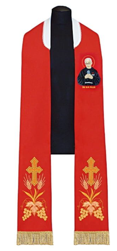 Stuła kapłańska czerwona – haftowana – Św. Maksymilian Kolbe Stuła kapłańska czerwona – haftowana – Św. Maksymilian Kolbe