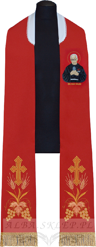Stuła kapłańska czerwona – haftowana – Św. Maksymilian Kolbe Stuła kapłańska czerwona – haftowana – Św. Maksymilian Kolbe