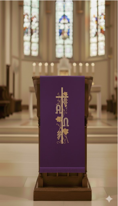 Nakrycie na Ambonę Lektorium Fioletowe z Haftem Alfa Omega Nakrycie na Ambonę Lektorium Fioletowe z Haftem Alfa Omega