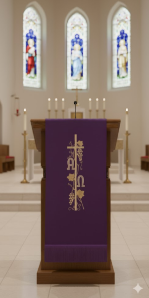 Nakrycie na Ambonę Lektorium Fioletowe z Haftem Alfa Omega